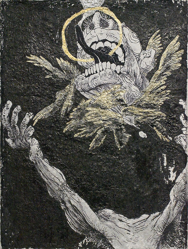 Book 2: #32, by Leo Kang, 2020, gold, and bronze gel pen on book page mounted to panel