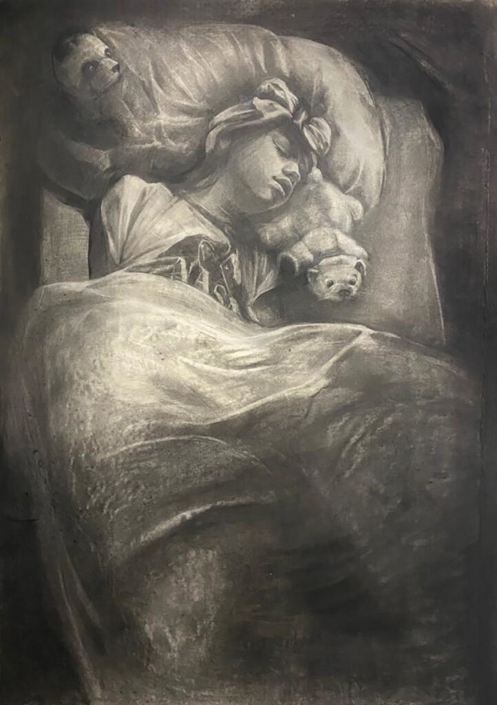 Dream Big, by Naomi Katz, 2023, charcoal, pastel, and graphite on paper mounted to canvas