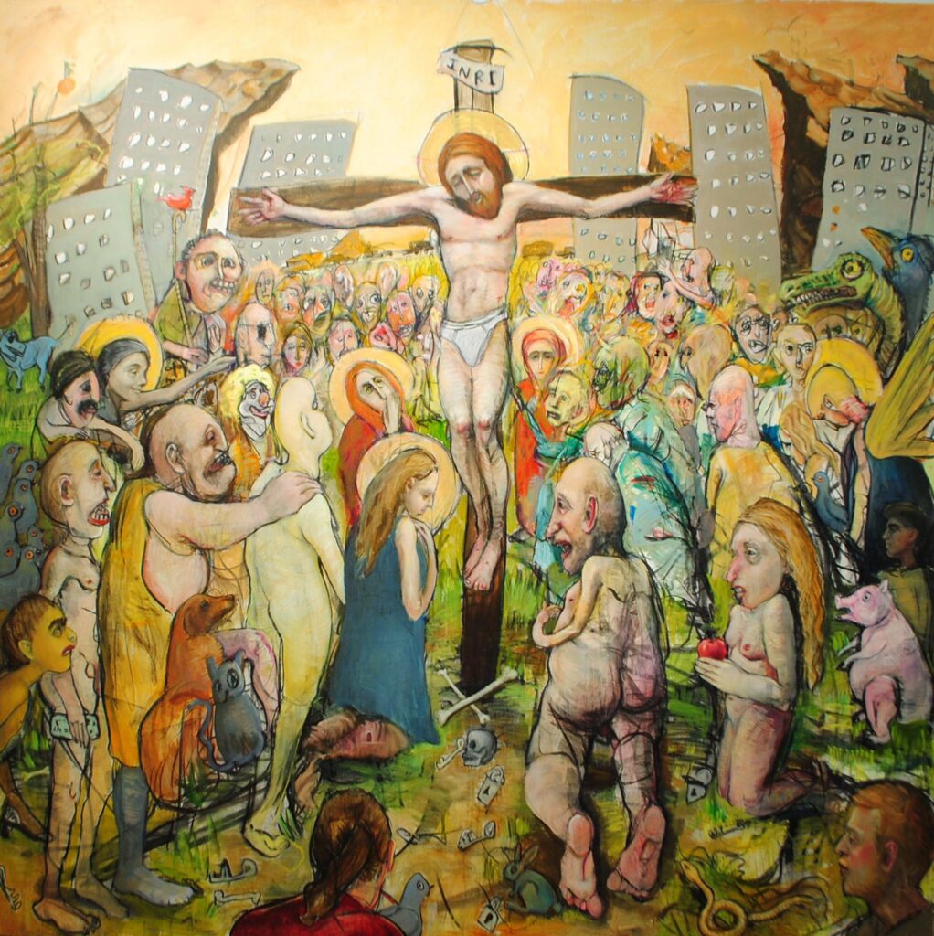 Jesus Loves You, by Sophia Kayafas, 2017, Oil, charcoal, and matte medium on canvas