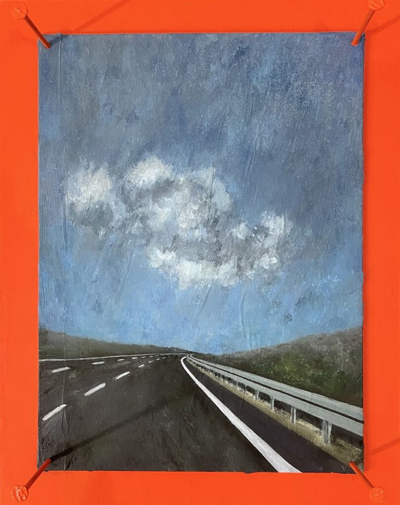 Nowhereetude2, by Sevil Kaynak, 2021, acrylic, pastel, and nails on canvas board mounted to wood