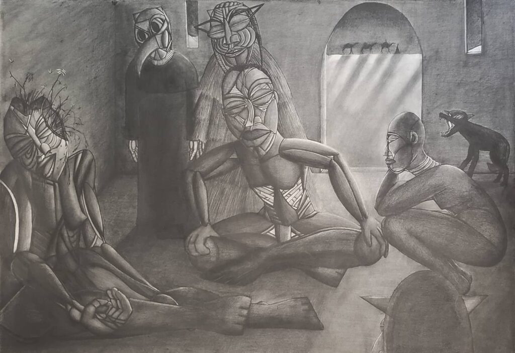 Le Chien Aboie, La Caravane Passe, by Carl-Edouard Keita, 2020, graphite on paper