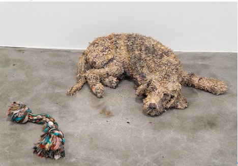Sleeping Agnes, by Will Kurtz, 2019, wood, wire, newspaper, tape, glue, matte medium, UV matte varnish, and dog toy