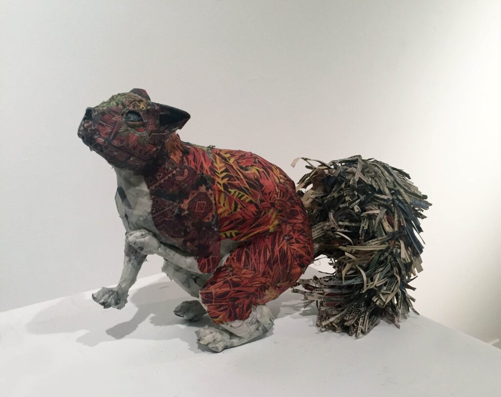 Squirrel, by Will Kurtz, 2016, Wood, wire, newspaper, tape, glue, matte medium, uv matte varnish