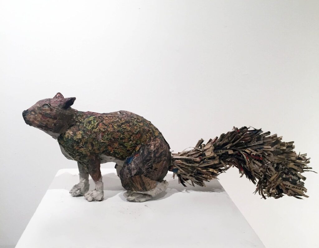 Squirrel, by Will Kurtz, 2016, Wood, wire, newspaper, tape, glue, matte medium, uv matte varnish