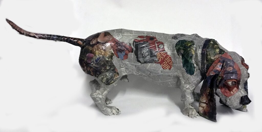 Oscar, by Will Kurtz, 2017, Wood, wire, newspaper, tape, glue, and varnish