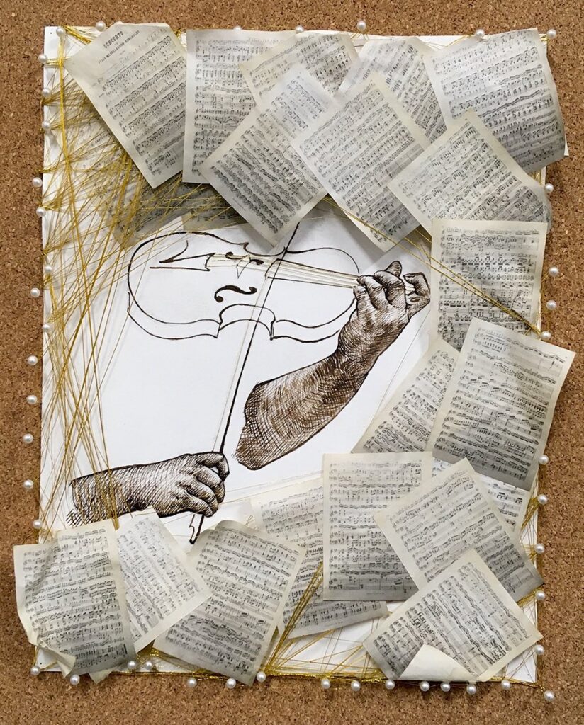 Mendelssohn Violin Concerto in E Minor, Op. 64, by Helena La Rota López, 2020, ink on paper, sheet music, thread, and pins on cork panel