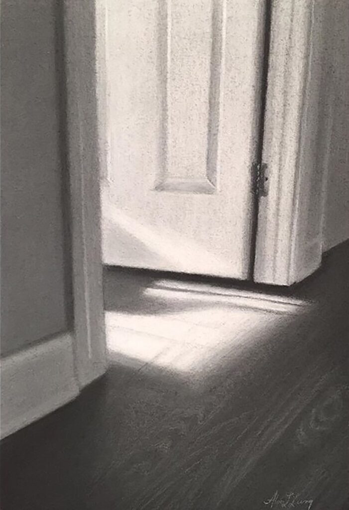 Open Door, by Alicia Lang, 2020, charcoal and white chalk on paper