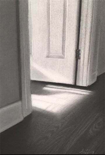 Open Door, by Alicia Lang, 2020, charcoal and white chalk on paper