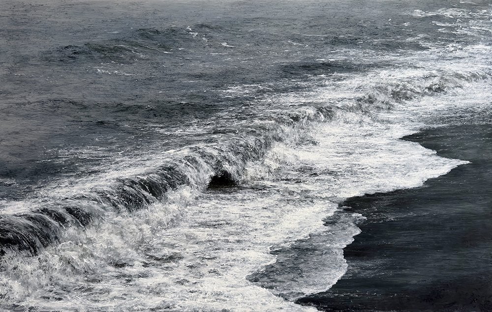 by Lisa Lebofsky, 2023, Silver Wave on Black Sand Beach, 2023, oil on aluminum