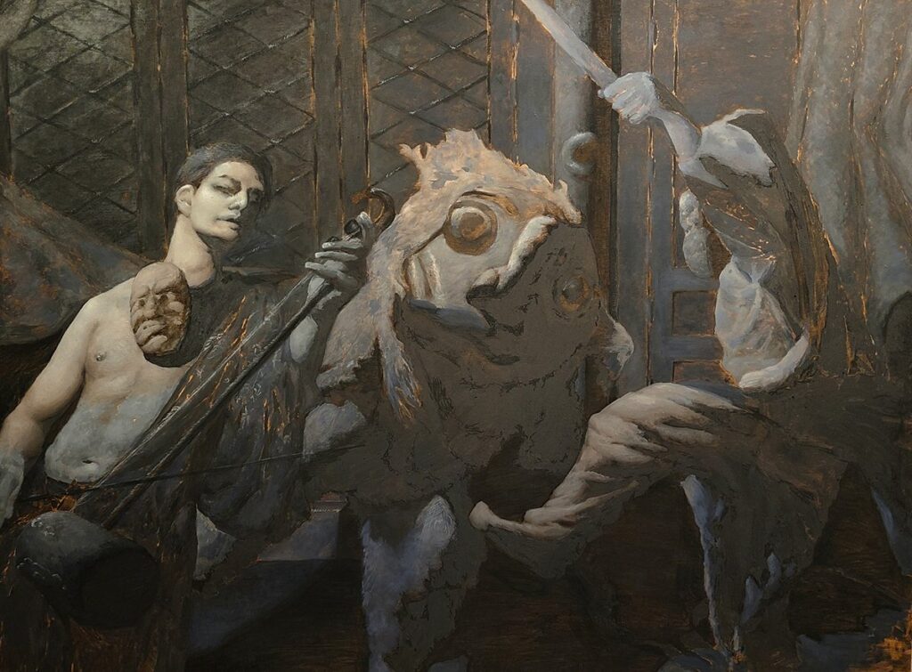 Talchum, by Rin Lee, 2023, oil, acrylic, carbon, charcoal, and graphite on panel
