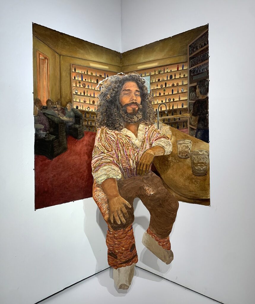 Seeing Like You, by Antoinette Legnini, 2023, oil, yarn, laminating sheets, Halls Cough Drop wrappers, pipe cleaners, ribbon