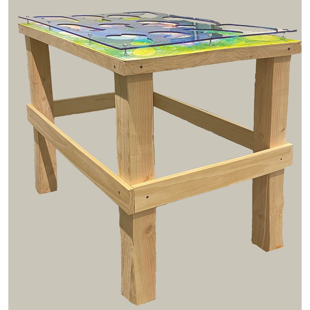 Body as Table, by Alessandro Levato, 2022, oil stick on Evolon AP paper with laser cut Plexi, carriage bolts, nuts, and wood