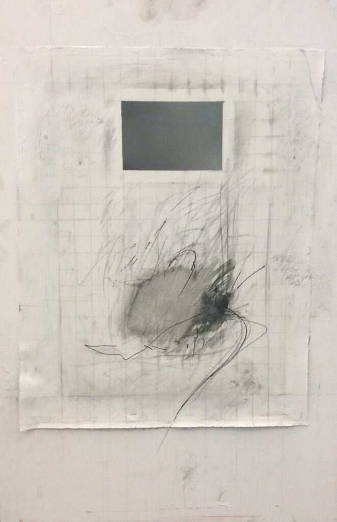 Schematic Dreams, by Tom Levy, 2016, Oil, graphite, and ink on linen attached to drywall
