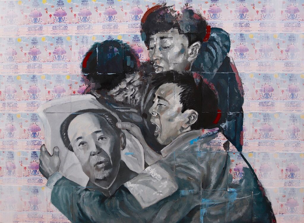 Idols Through Time, by Larry Li, 2018, oil and collaged fliers on canvas