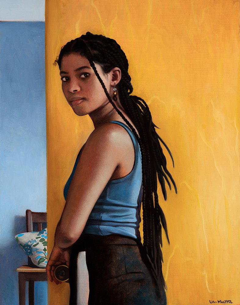 Susanna between Worlds, by Amber Lia-Kloppel, 2021, oil on linen