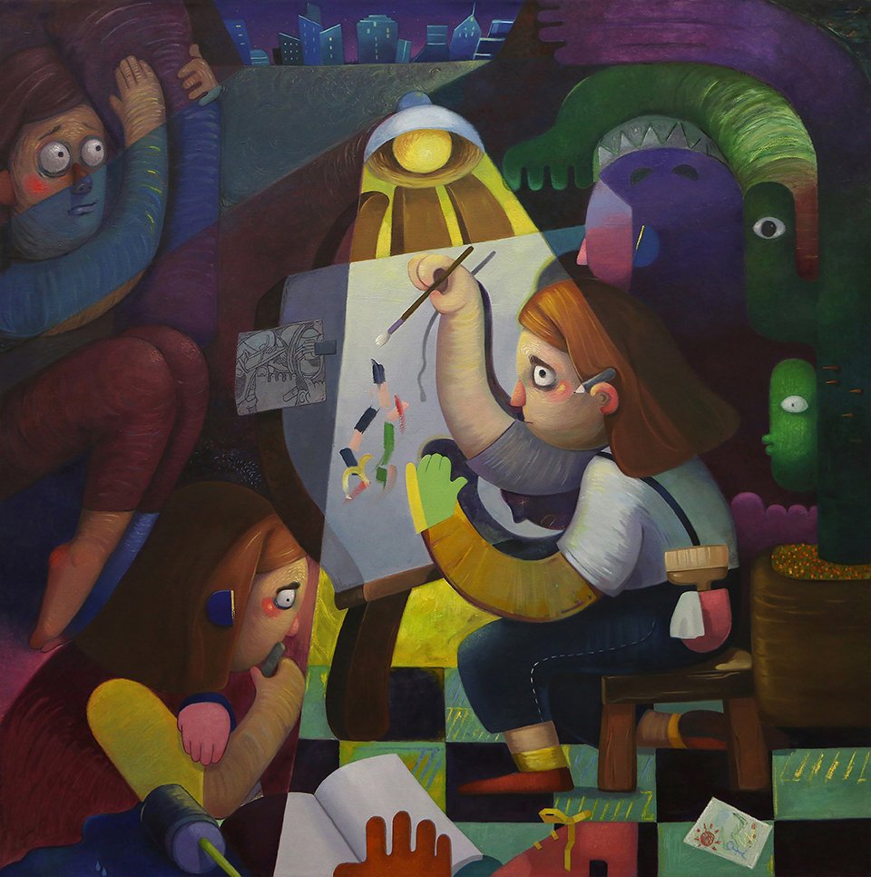 Artist's Studio, by Young Lim Lee, 2019, oil and oil pastel on linen