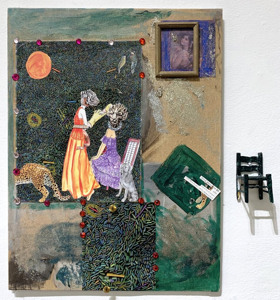 Doctor, Make Me Prettier Please, by Paola Yamel Lima, 2023, acrylic, eye shadow, ink, oil, paper collage, jewel stickers, wooden chair, and wooden fra