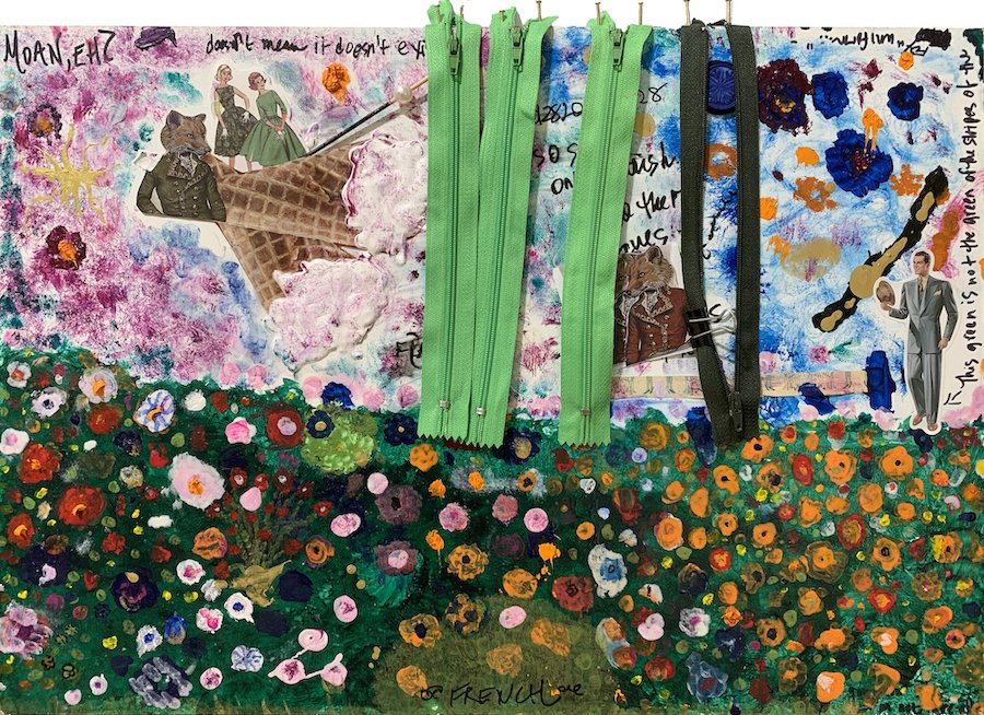 Moan, Eh?, by Paola Yamel Lima, 2023, acrylic, cardboard, ink, jeacrylic, cardboard, ink, jeweled stickers, nails, paper