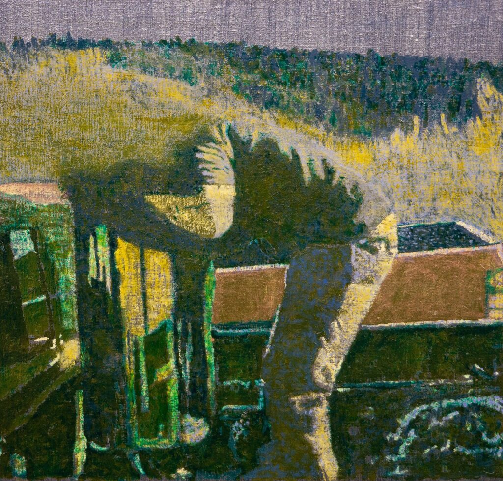 Blasted, by Greg Lindquist, 2021, oil, metallic paint, and aluminum paint on linen mounted to panel