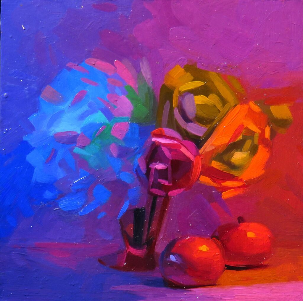 Flowers and Two Tangerines in Colored Light, by Dik F. Liu, 2020, oil on panel