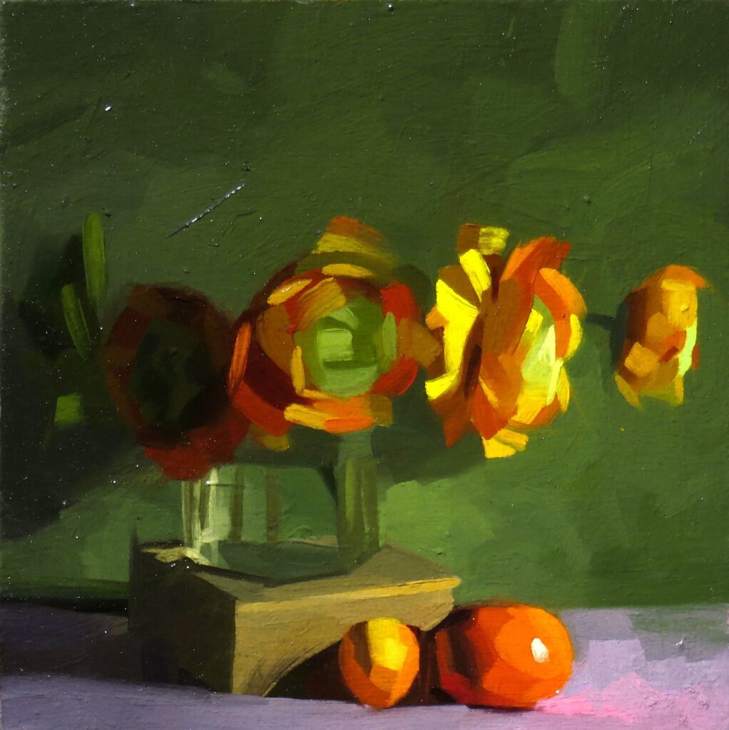 Orange Flowers Green Ground, by Dik Liu, 2018, oil on panel
