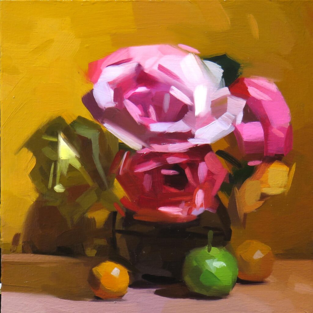 Pink Flowers Orange Ground, by Dik Liu, 2018, oil on panel