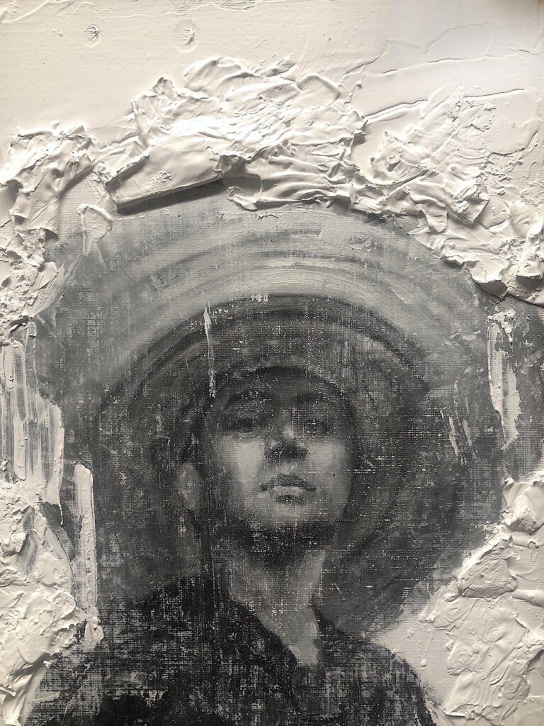 Excavando Mi Pasado, by Oscar Lopez, 2020, oil, graphite, and enamel paint on wood panel