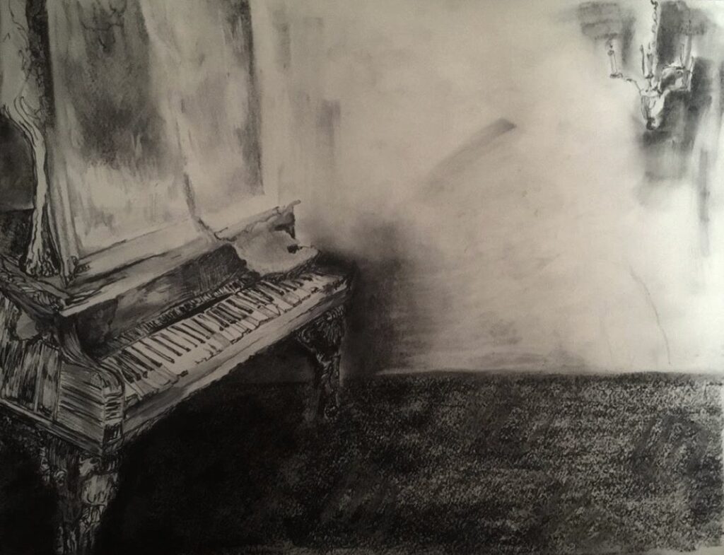 The Haunted Piano, by Anastasia Lopoukhine, 2020, graphite and pen on paper