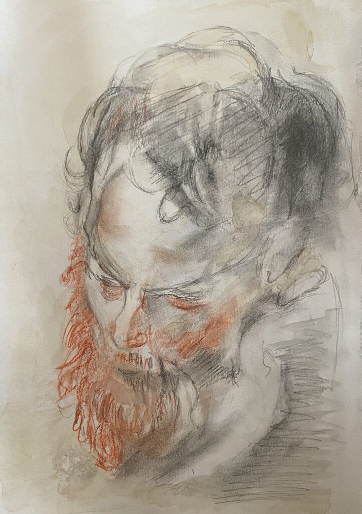 The Thinker, by Anastasia Lopoukhine, 2020, graphite, pastel, and coffee on paper