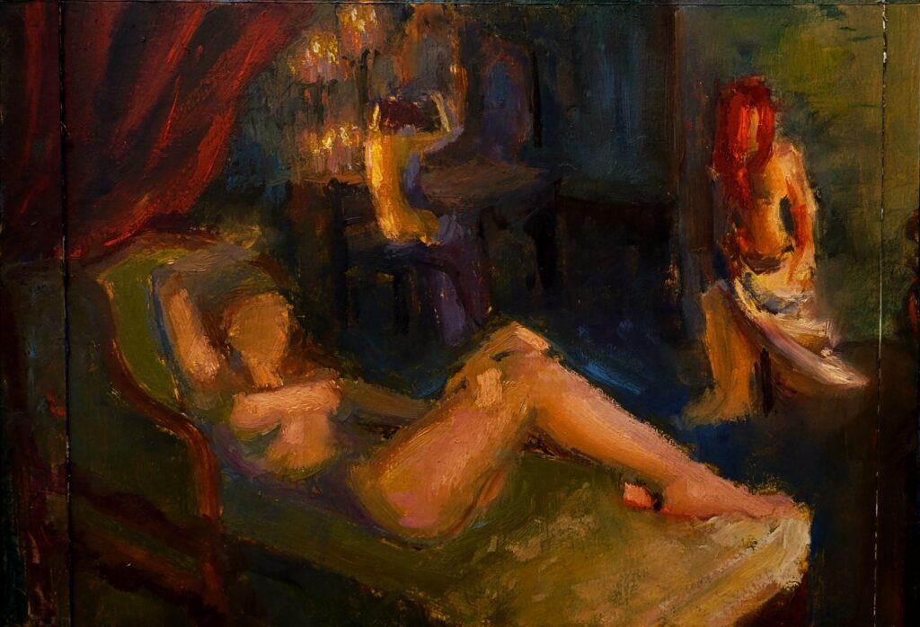 Composition #3, by Sarah Lorito, 2022, oil and oil pastel on shellac primed linen