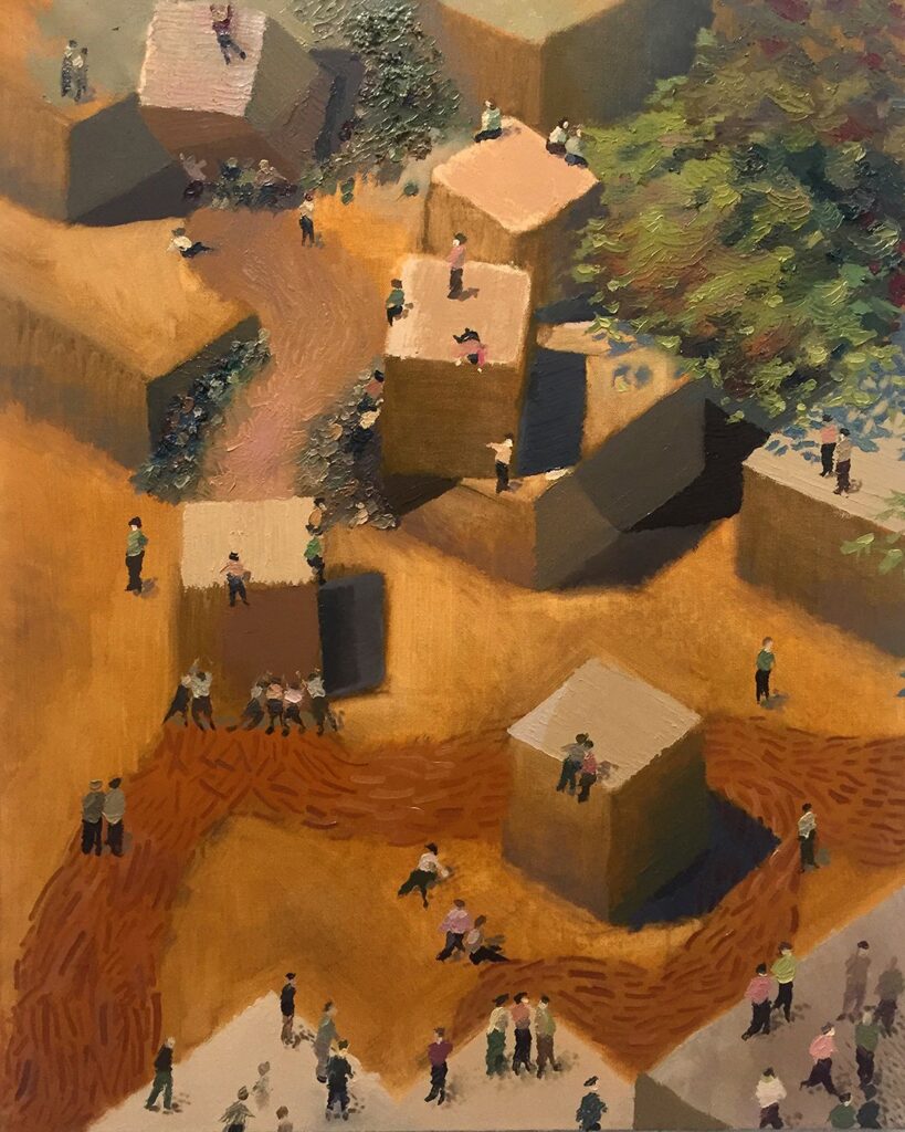 The Cube Stackers, by Ian Lotto, 2019, oil on canvas