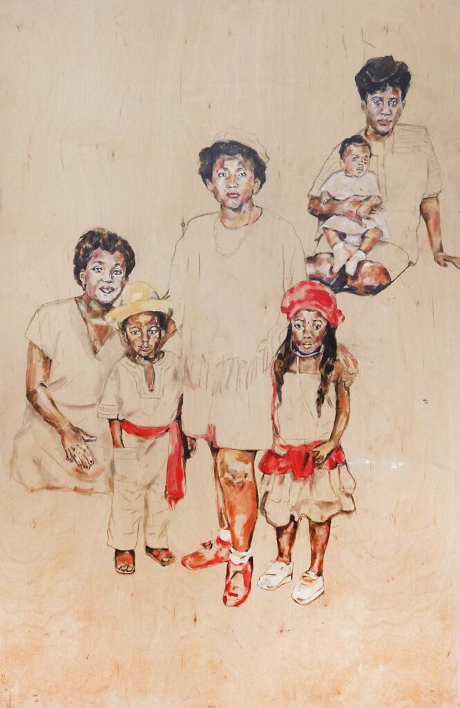 Berkeley, Haitians, Americans, Generations, by Rivka Valérie Louissaint, 2022, acrylic and graphite on wood panel