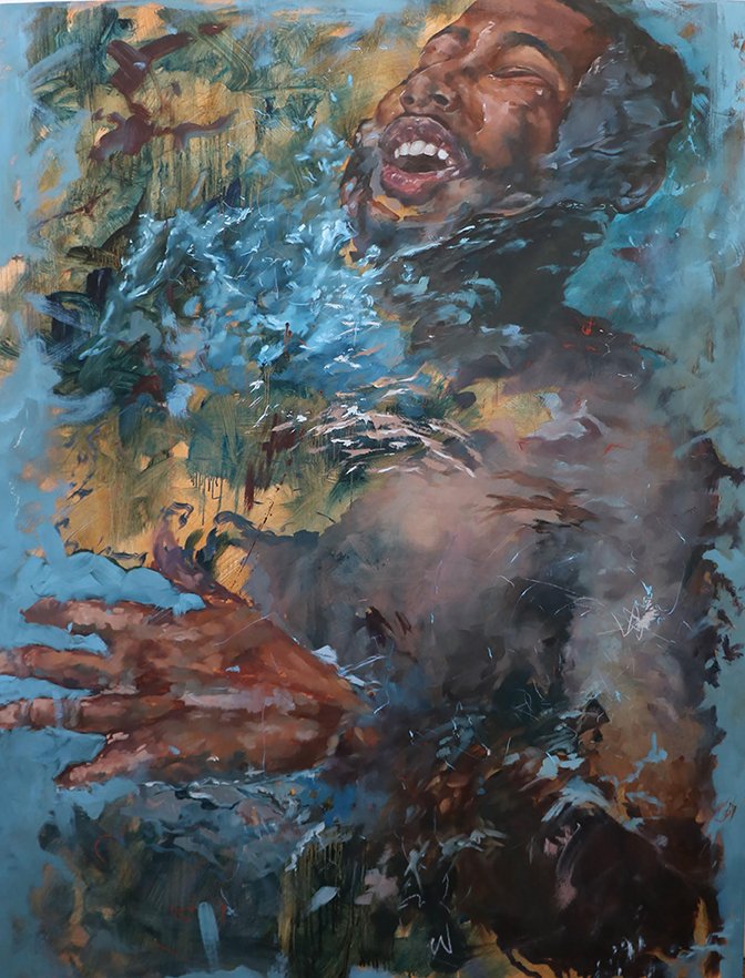 Near Drowning, by Corey Lovett, 2019, oil on wood
