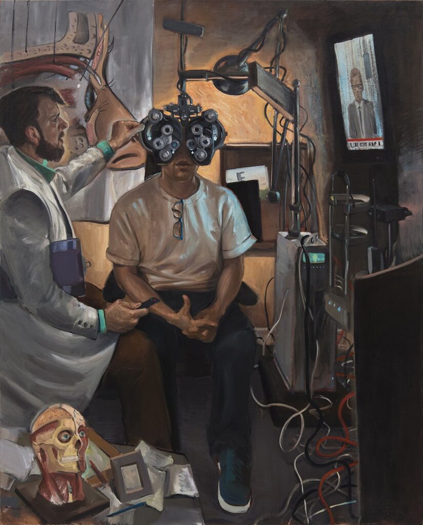 Eye Exam and Tangled Viewpoints, by Larry Madrigal, 2019, oil on canvas