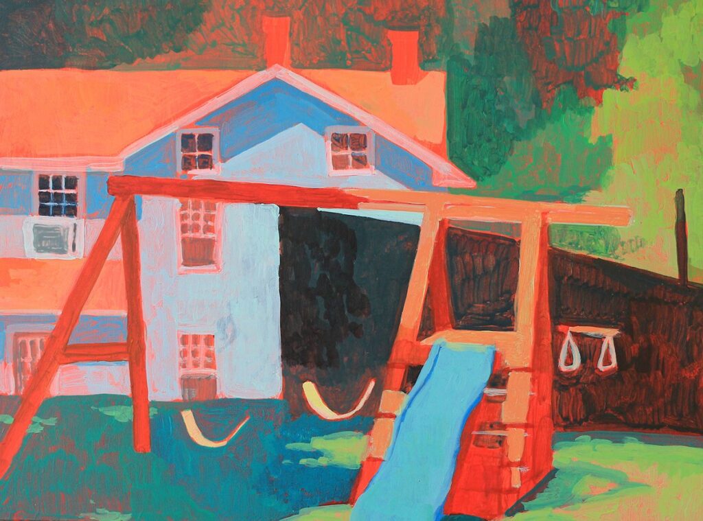 Blue House on the Hill, by Maud Madsen, 2020, acrylic on panel