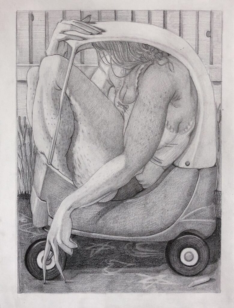 Need a Ride?, by Maud Madsen, 2020, graphite on paper