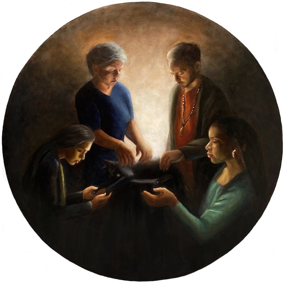 Kun Fayakun, by Arwa Mahmoud, 2023, oil on wood, 36 inches diameter