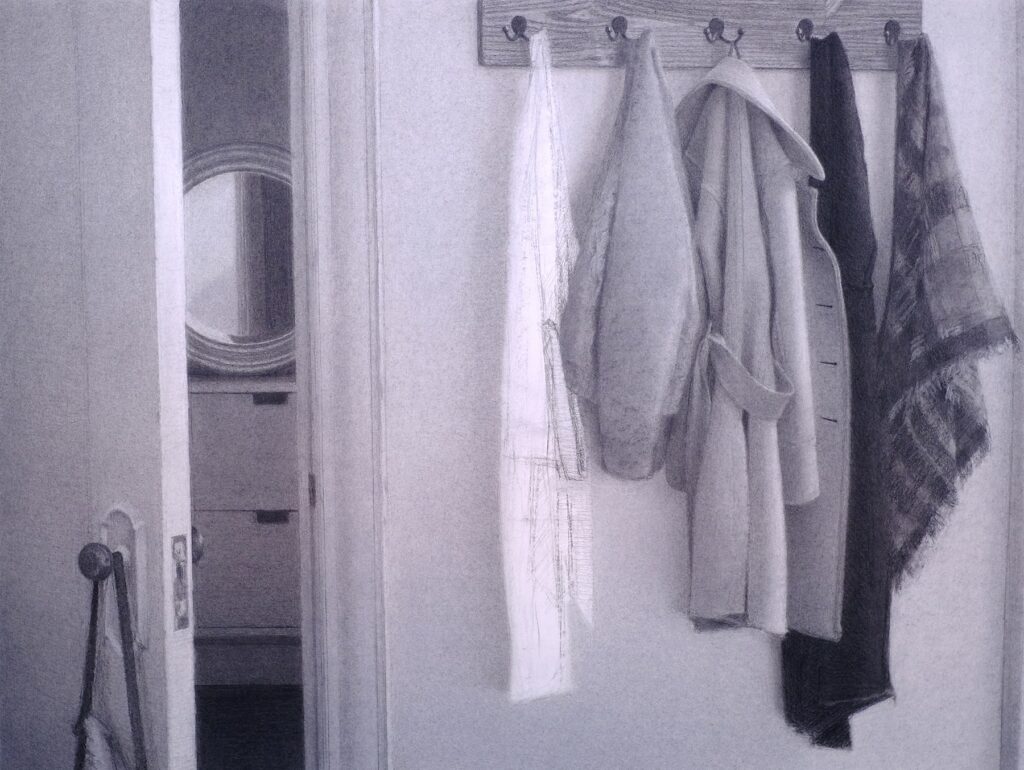 The Rack, by Victoria Martinotti, 2018, charcoal on paper mounted on panel
