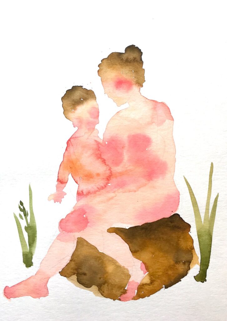 Mother and Child Sitting, by Ayumi Matsuba, 2017, Watercolor on paper