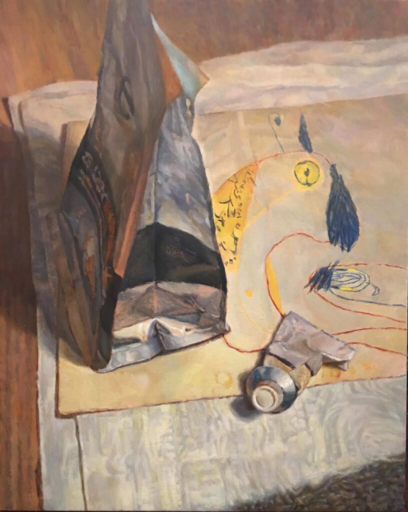 Still Life with Childhood Drawing, by Tom Matt, 2020, oil on linen