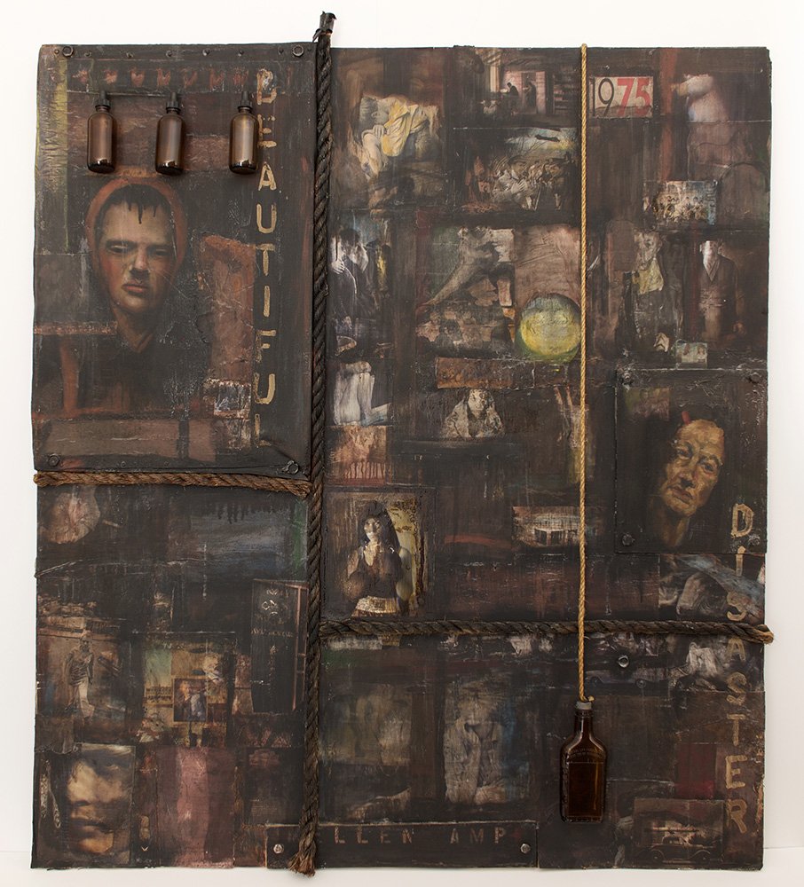 Beautiful Disaster, by John Mellencamp, 2017, oil, house paint, rope, paper, and glass on plywood framed in shadow box