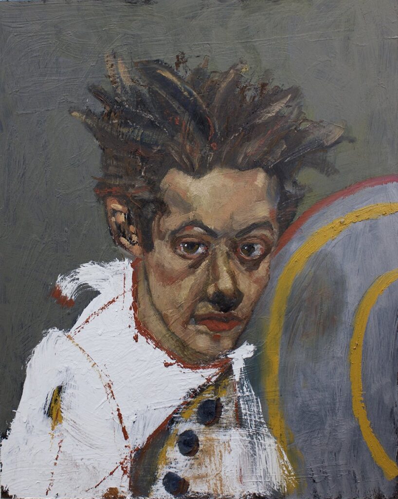 Clown Boy, by John Mellencamp, 2020, oil, and charcoal on Masonite