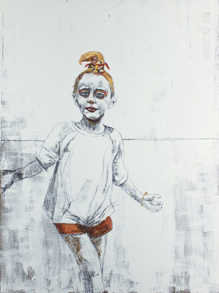 Dodo on the Moon, by John Mellencamp, 2021, oil, and charcoal on Masonite