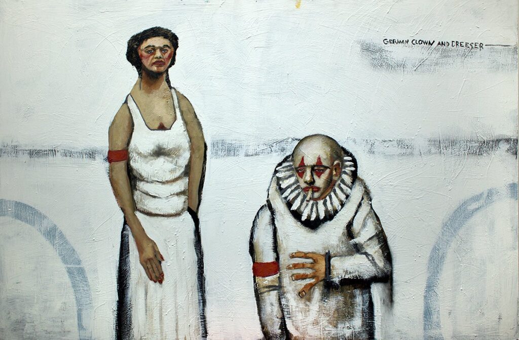 German Clown & Dresser, by John Mellencamp, 2021, oil, and charcoal on Masonite