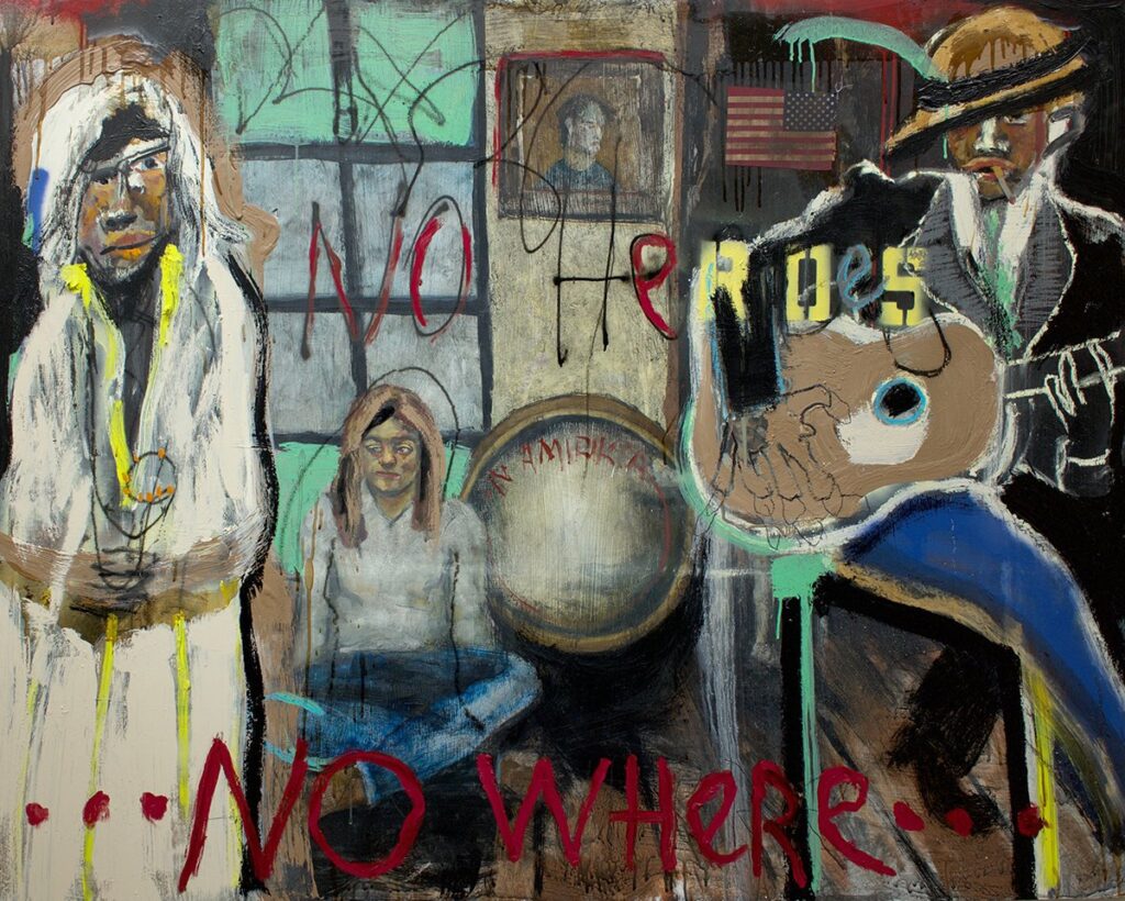 No Heroes Nowhere, by John Mellencamp, 2021, oil, and charcoal on Masonite