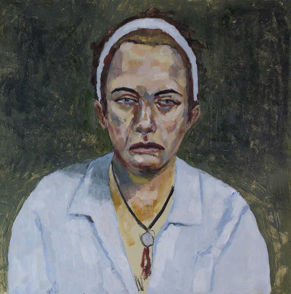 Sad Amy, by John Mellencamp, 2022, oil, and charcoal on Masonite