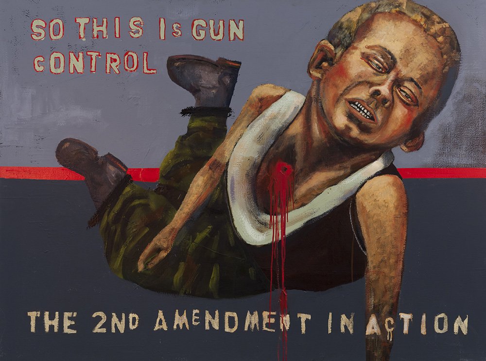 So This is Gun Control, by John Mellencamp, 2013, oil and house paint on canvas