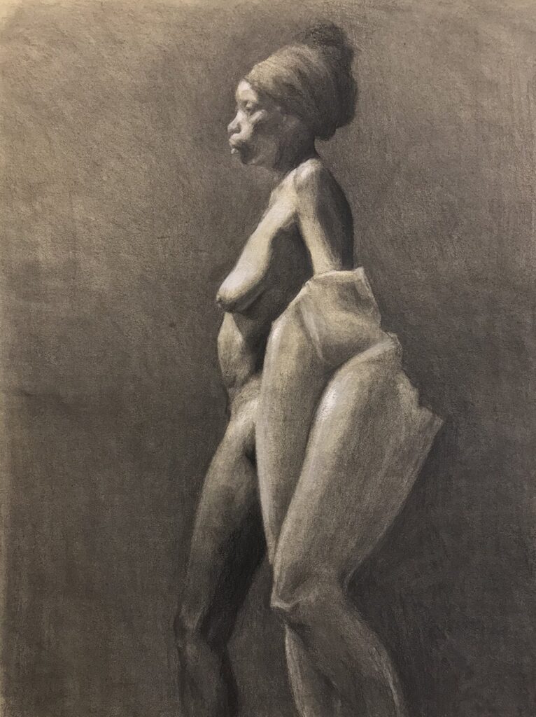 Disposition, by Matt Meserve, 2020, graphite, charcoal, and white chalk on paper