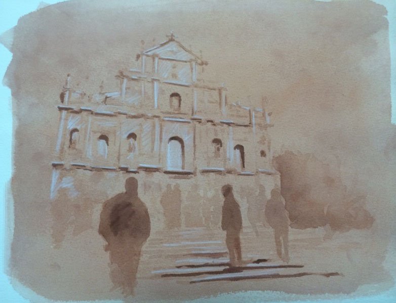 Ruins of St. Paul's, by Mike Smith, 2013, ink, white charcoal and gouache on watercolor paper