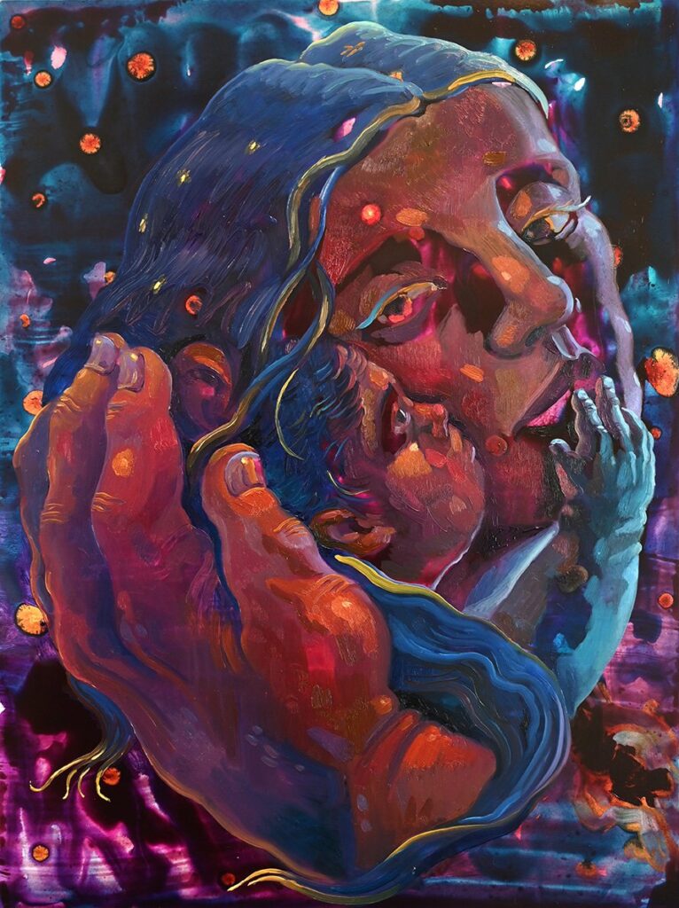 Momma and Child, by Erin Milez, 2022, oil and acrylic ink on panel